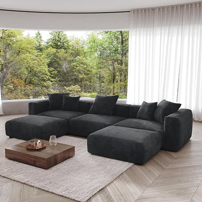 Kanso Corduroy Modular Bouclé Cloud Couch - Black - 3-Seater Sectional Sofa with Ottoman - Nuvé