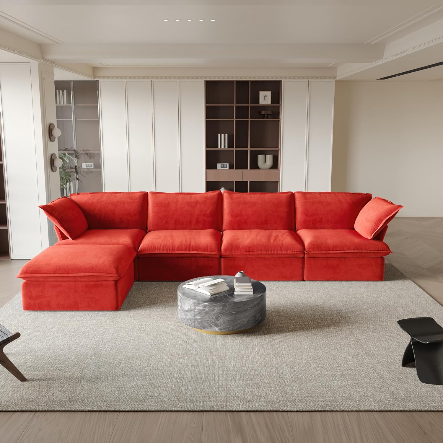 Sabi Modular Boucle Cloud Sofa - Red - 5-Seater Sectional Sofa with Ottoman - Nuvé