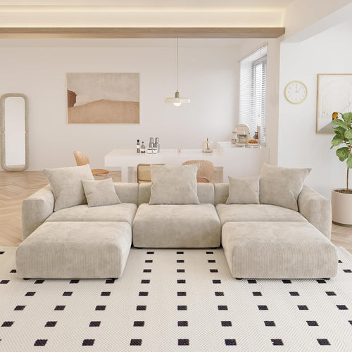 Kanso Corduroy Modular Bouclé Cloud Couch - Beige - 3-Seater Sectional Sofa with 2 Ottomans - Nuvé