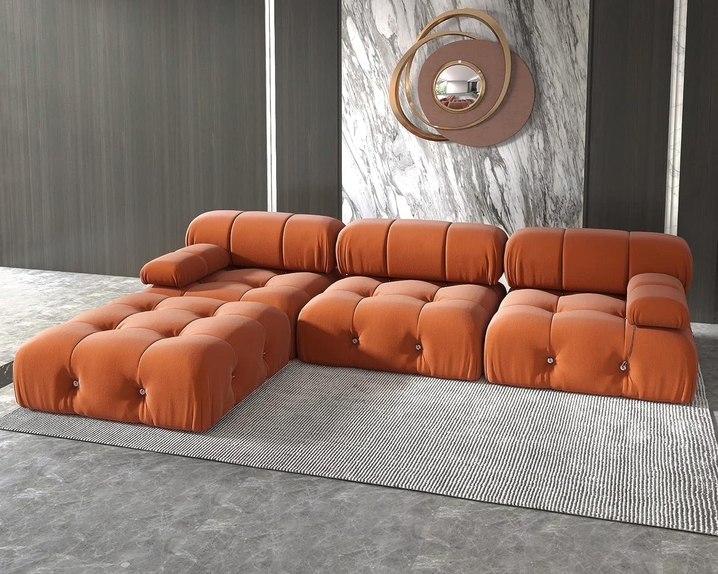 Nuvé® Takumi Velvet Modular Bouclé Cloud Sofa - Orange - 3-Seater Sofa with 1 Ottoman - Nuvé