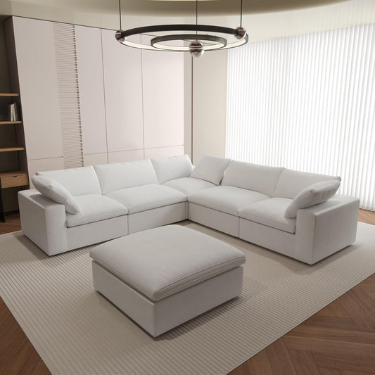 Nuvé® Solace Modular Bouclé Cloud Sofa - Snow White - 5-Seater Corner + Ottoman - Nuvé