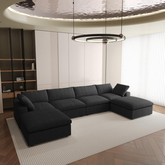 Nuvé® Solace Modular Bouclé Cloud Sofa - Obsidian Black - 4-Seater Sectional Sofa with 2 Ottomans - Nuvé