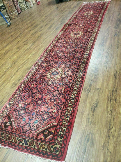 Persian Hamadan Runner Rug 2.8 x 14, Red, Vintage Handmade Wool Runner Rug - Nuvé