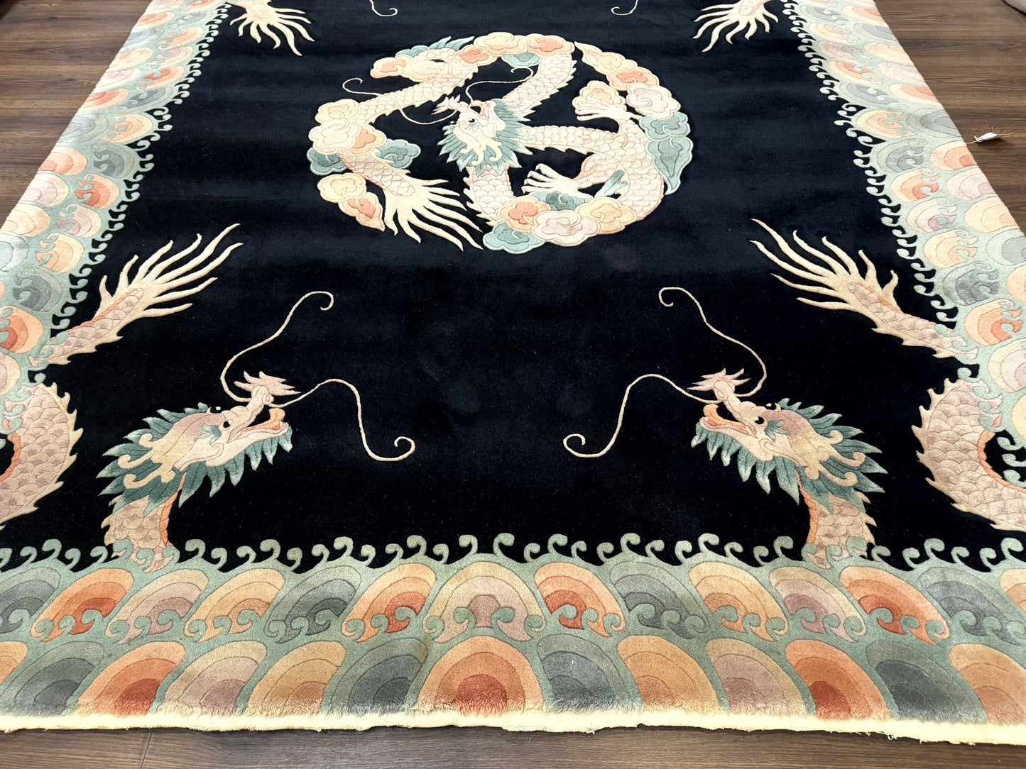 Black Chinese Wool Rug 8x10 with Dragons, Rainbow Borders, Rare - Nuvé