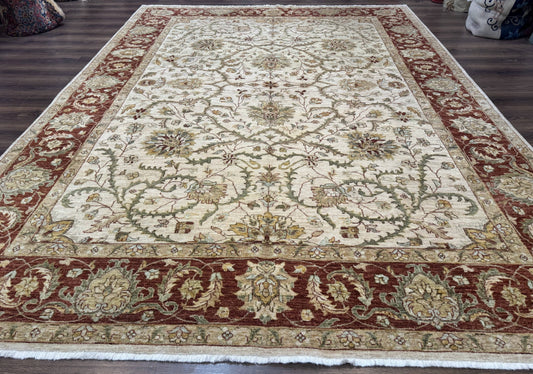 Pakistani Rug 9x12, Floral Allover Peshawar Carpet, Chobi, Beige and Rust Red, Traditional - Nuvé
