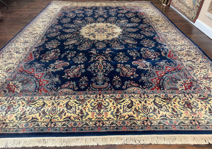 Sino Persian Kerman Rug 10x14, Blue and Beige, Floral Medallion, Fine 240 KPSI - Nuvé