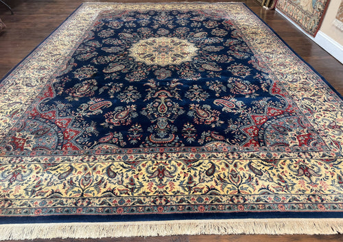 Sino Persian Kerman Rug 10x14, Blue and Beige, Floral Medallion, Fine 240 KPSI - Nuvé