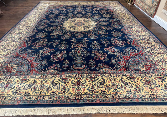Sino Persian Kerman Rug 10x14, Blue and Beige, Floral Medallion, Fine 240 KPSI - Nuvé