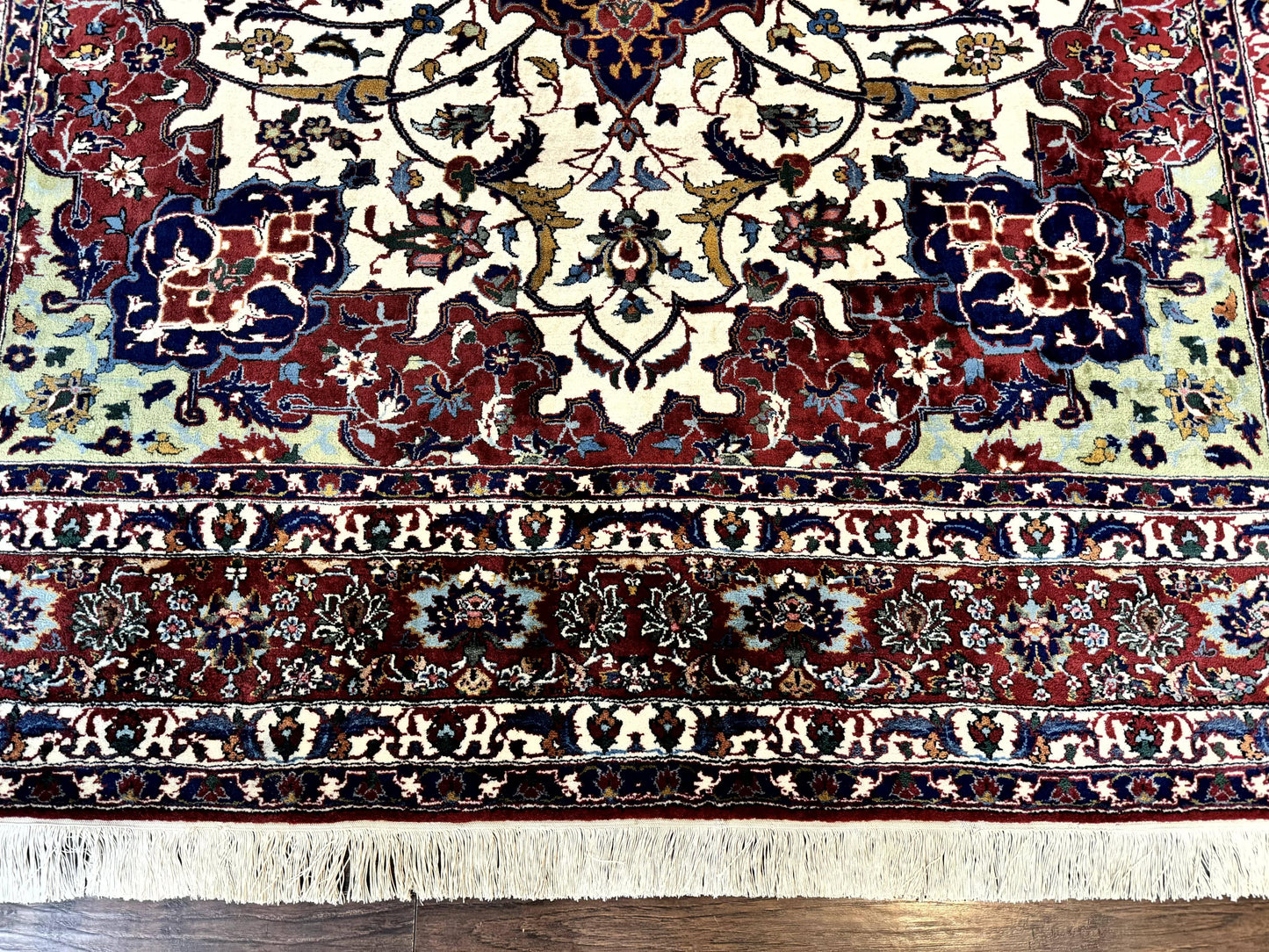 Wonderful Persian Isfahan Rug 7x9, Ivory Navy Blue Red, Floral Medallion, Very Finely Hand Knotted 260 KPSI, Handmade Wool Vintage Rug - Nuvé
