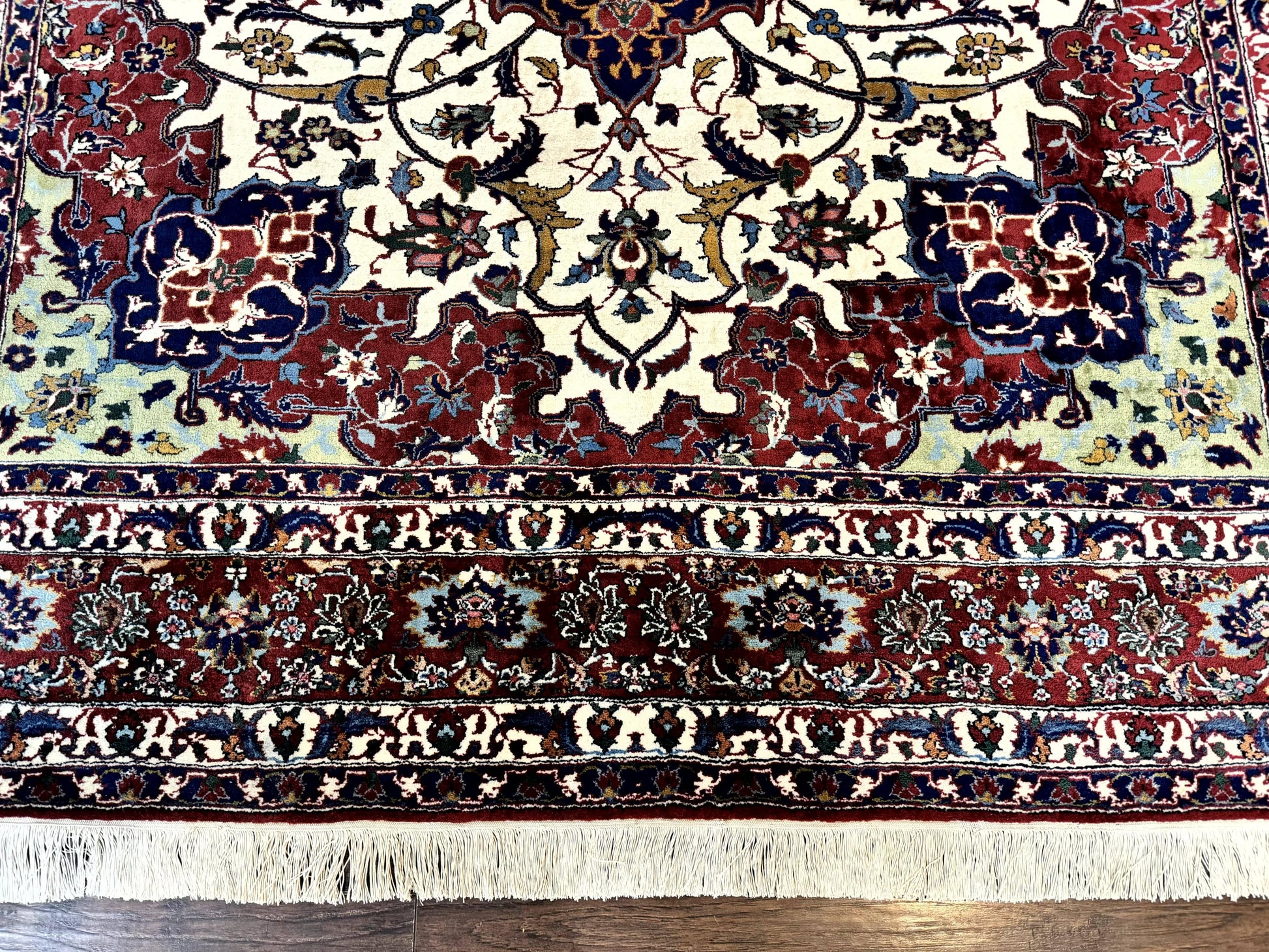 Wonderful Persian Isfahan Rug 7x9, Ivory Navy Blue Red, Floral Medallion, Very Finely Hand Knotted 260 KPSI, Handmade Wool Vintage Rug - Nuvé