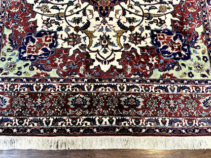 Wonderful Persian Isfahan Rug 7x9, Ivory Navy Blue Red, Floral Medallion, Very Finely Hand Knotted 260 KPSI, Handmade Wool Vintage Rug - Nuvé