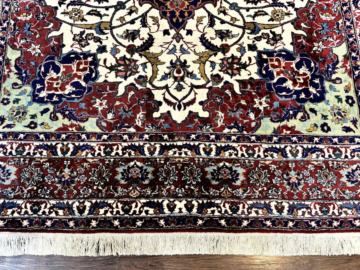 Wonderful Persian Isfahan Rug 7x9, Ivory Navy Blue Red, Floral Medallion, Very Finely Hand Knotted 260 KPSI, Handmade Wool Vintage Rug