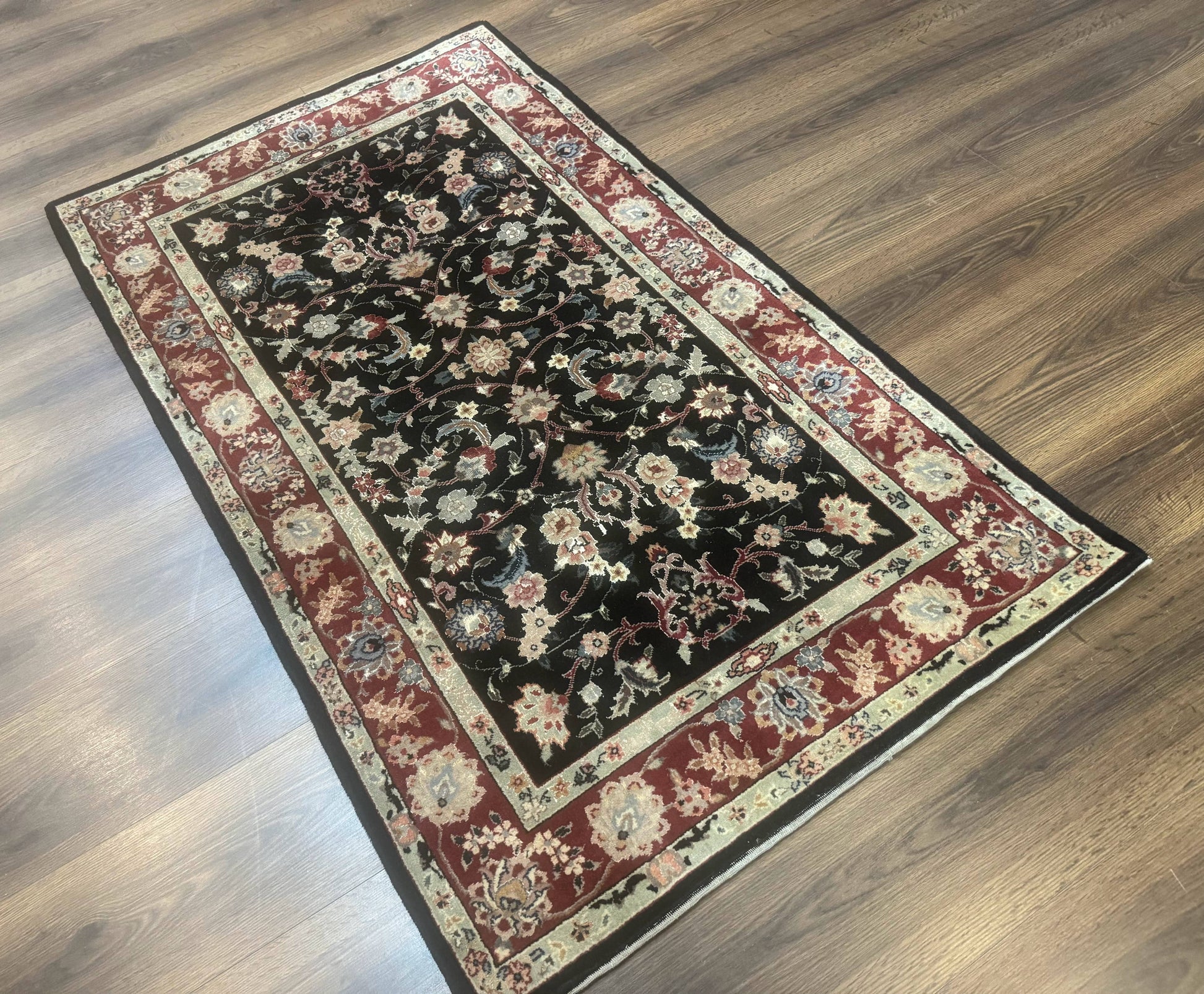 Black Sino Persian Rug 3x5, Wool with Silk Highlights, Floral, Fine 170 KPSI - Nuvé