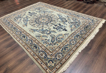 Light Green and Blue Persian Kashan Rug 7x10, Authentic Persian Carpet, Handmade, Wool - Nuvé