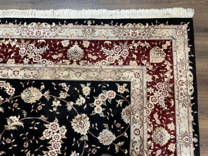 Sino Persian Rug 9x12, High Quality Oriental Carpet, Black and Maroon, Wool and Silk, Allover Floral Pattern, Hand Knotted, Vintage Rug Nice - Nuvé