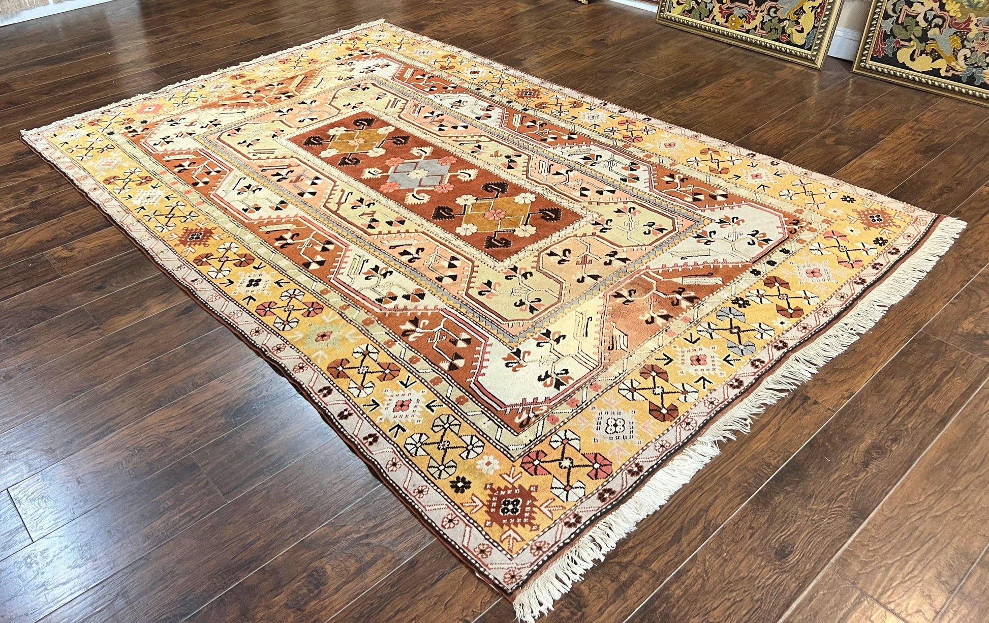 Turkish Rug 7x10, Wool Hand Knotted Vintage Carpet, Geometric Kazak Pattern - Nuvé