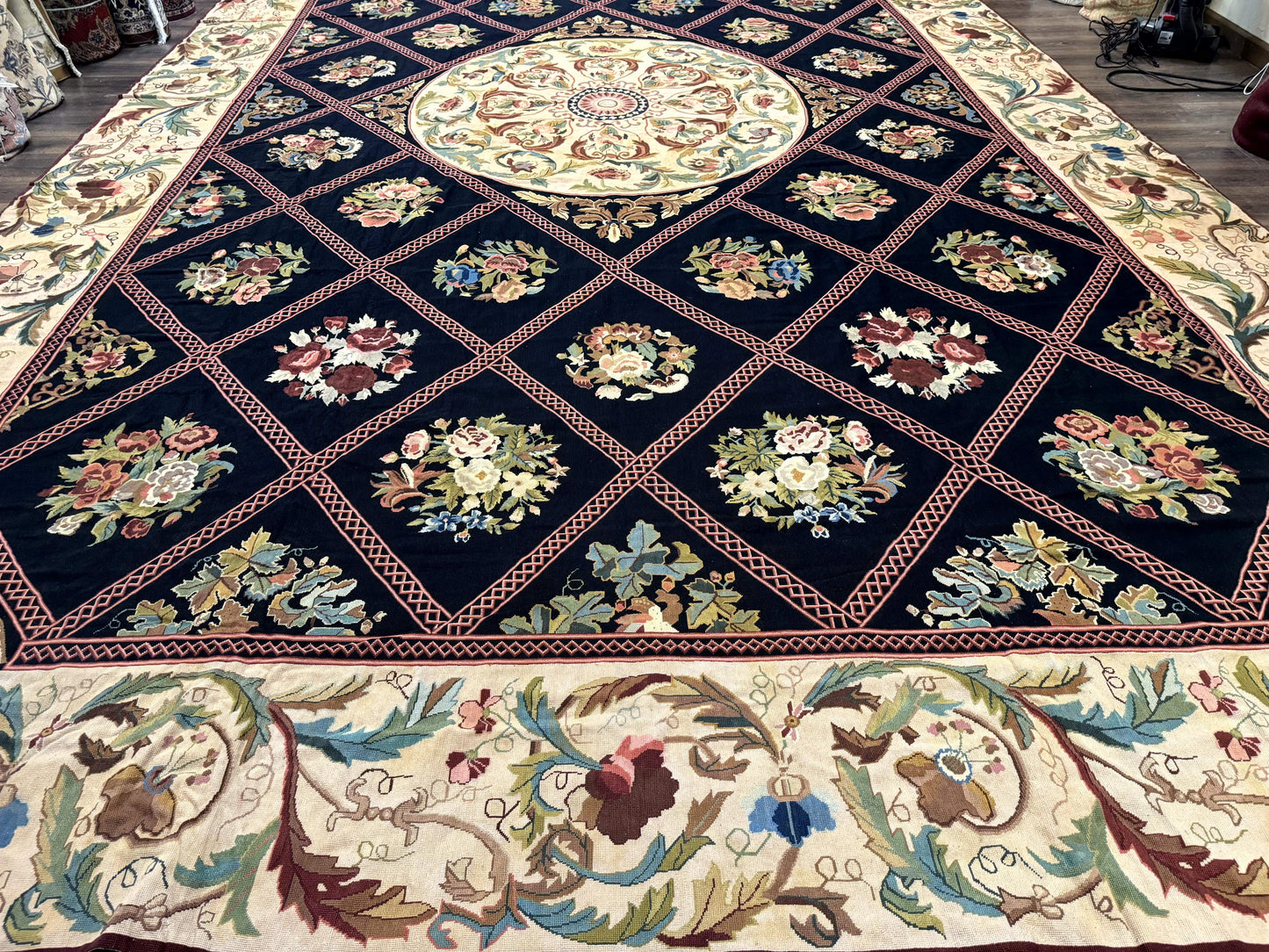 Palace Size Needlepoint Rug 12x20, European French English Aubusson Floral Design, Black and Beige - Nuvé