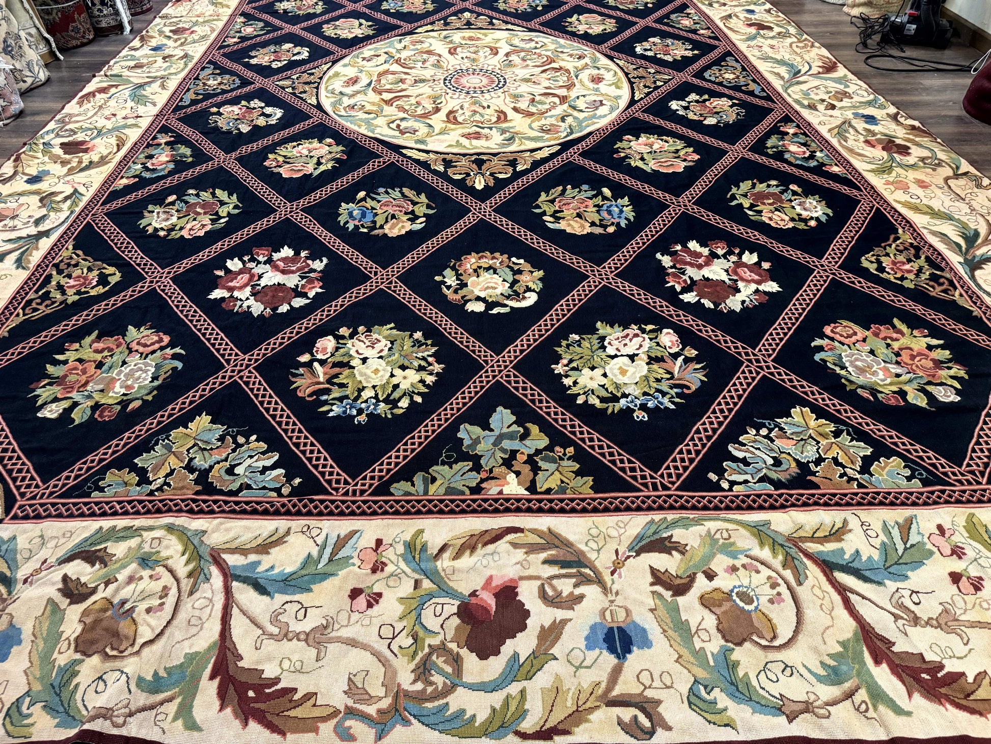 Palace Size Needlepoint Rug 12x20, European French English Aubusson Floral Design, Black and Beige - Nuvé