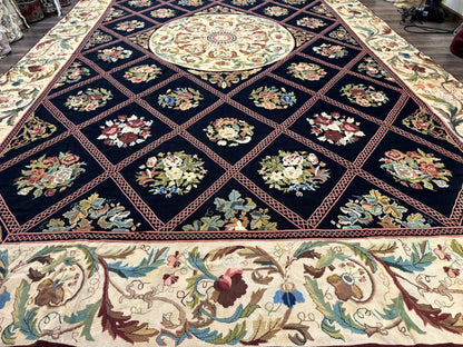 Palace Size Needlepoint Rug 12x20, European French English Aubusson Floral Design, Black and Beige - Nuvé