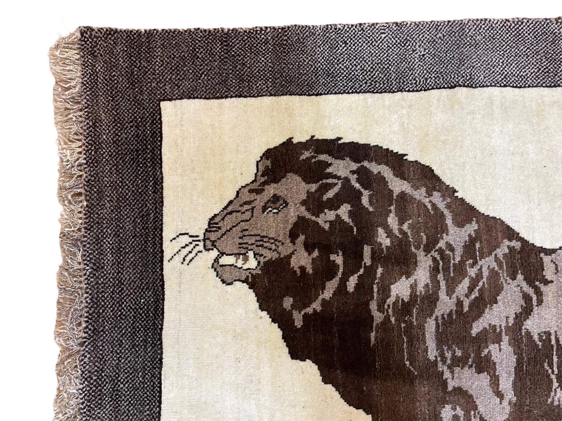 3 x 5 Handmade Rug Brown Beige Hand-Knotted Lion Rug New Vintage Quality Animal - Nuvé
