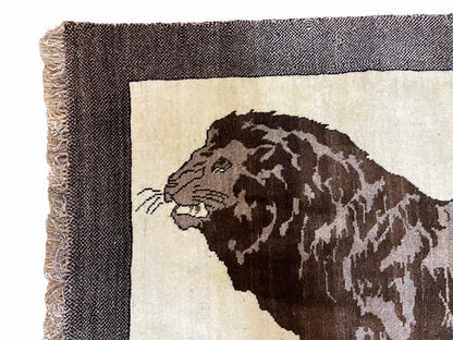 3 x 5 Handmade Rug Brown Beige Hand-Knotted Lion Rug New Vintage Quality Animal - Nuvé