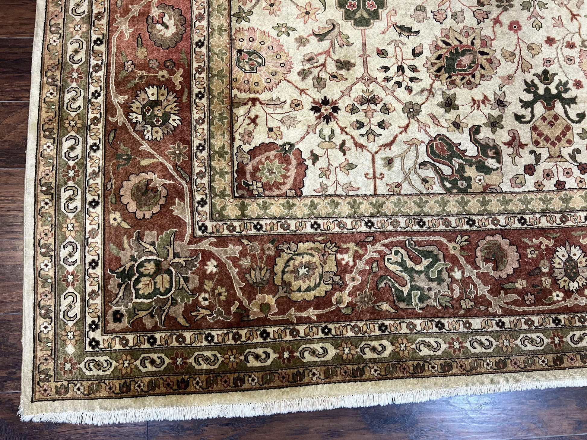 Large Indian Rug 10x14, Hand Knotted Indo Persian Gandehar Oriental Carpet, Vintage Wool Rug 10 x 14 ft Cream Red Floral Allover Traditional - Nuvé