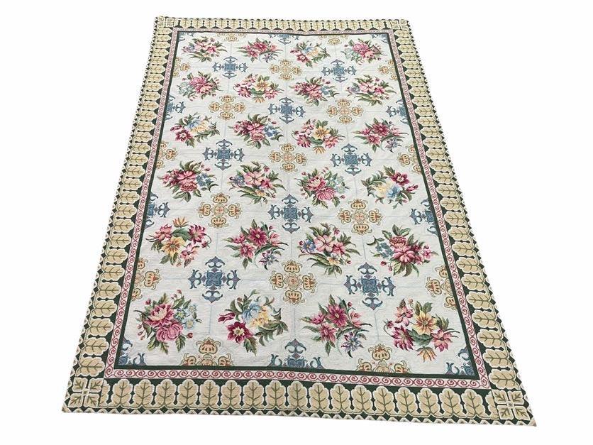 Hand-Knotted Needlepoint Carpet 6x9, Ivory/Cream Background, Colorful Flowers, Yellow Border, Aubusson Rug 6 x 9, New, Handmade - Nuvé