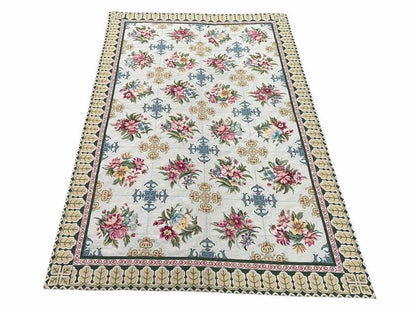 Hand-Knotted Needlepoint Carpet 6x9, Ivory/Cream Background, Colorful Flowers, Yellow Border, Aubusson Rug 6 x 9, New, Handmade - Nuvé