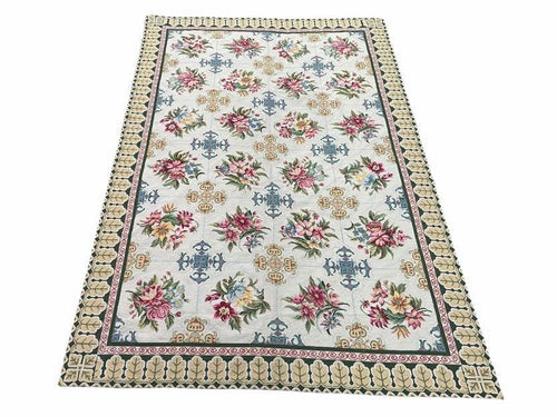 Hand-Knotted Needlepoint Carpet 6x9, Ivory/Cream Background, Colorful Flowers, Yellow Border, Aubusson Rug 6 x 9, New, Handmade - Nuvé