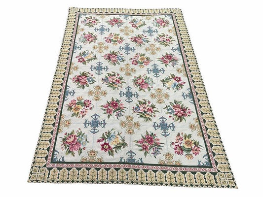 Hand-Knotted Needlepoint Carpet 6x9, Ivory/Cream Background, Colorful Flowers, Yellow Border, Aubusson Rug 6 x 9, New, Handmade - Nuvé