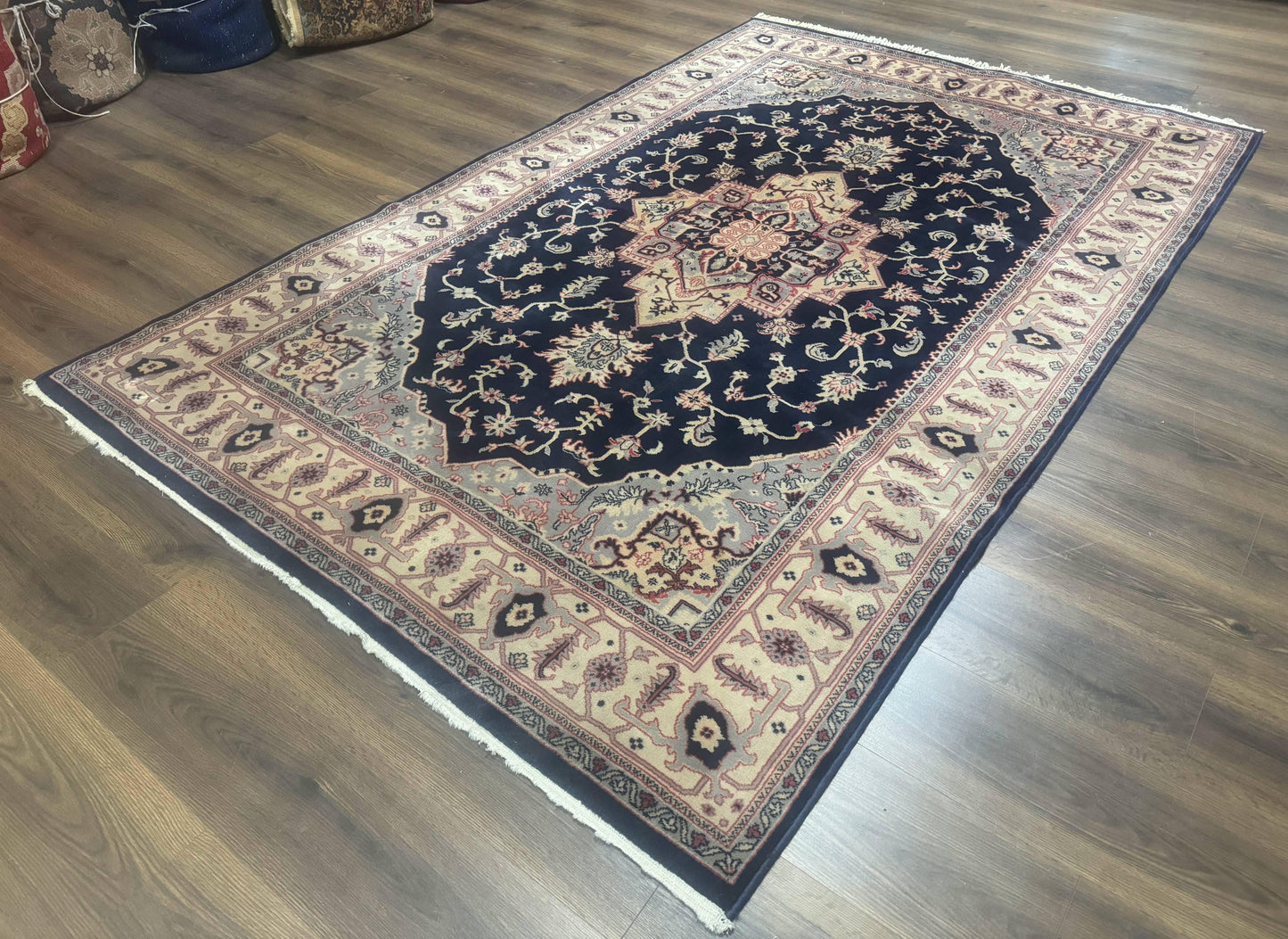 Karastan Rug Navy Serapi, Kara Shah Rug, Navy Blue, 5.6 x 8.6, Vintage Karastan Area Rug, Wool Pile Karastan Rug - Nuvé