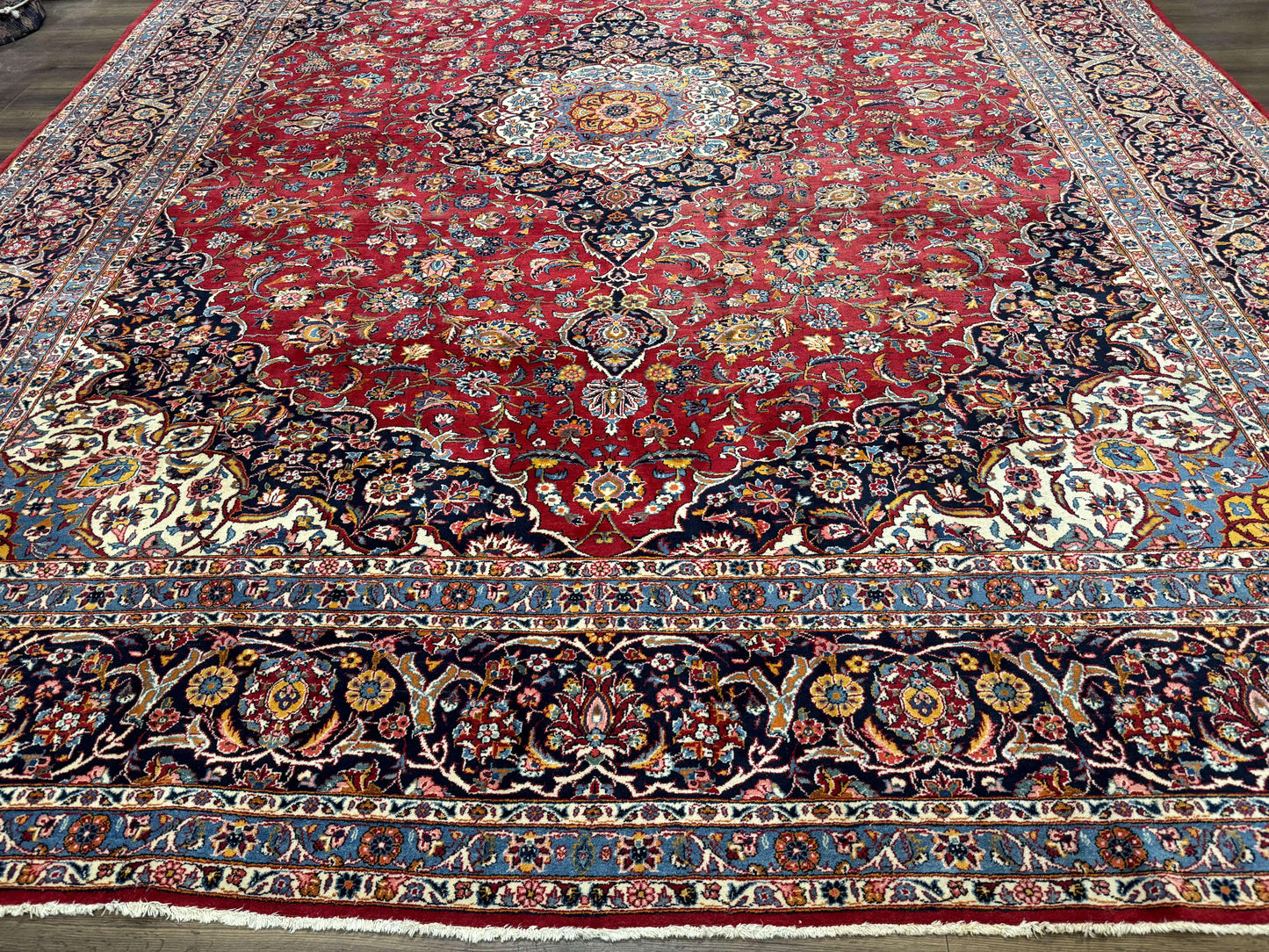 Large Persian Kashan Rug 11x14, Traditional Persian Carpet, Wool, Fine 250 KPSI, Red Navy Blue - Nuvé