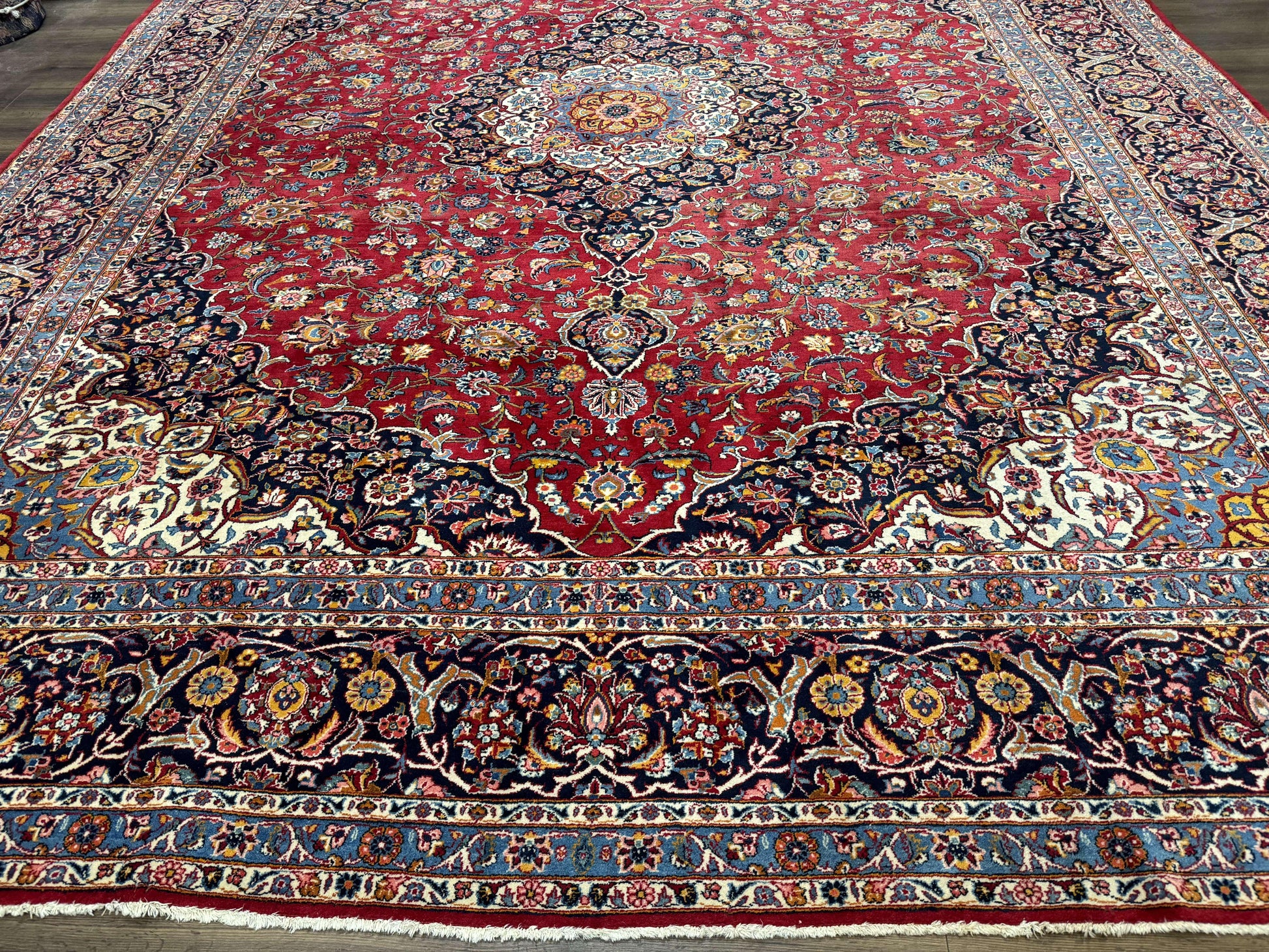 Large Persian Kashan Rug 11x14, Traditional Persian Carpet, Wool, Fine 250 KPSI, Red Navy Blue - Nuvé