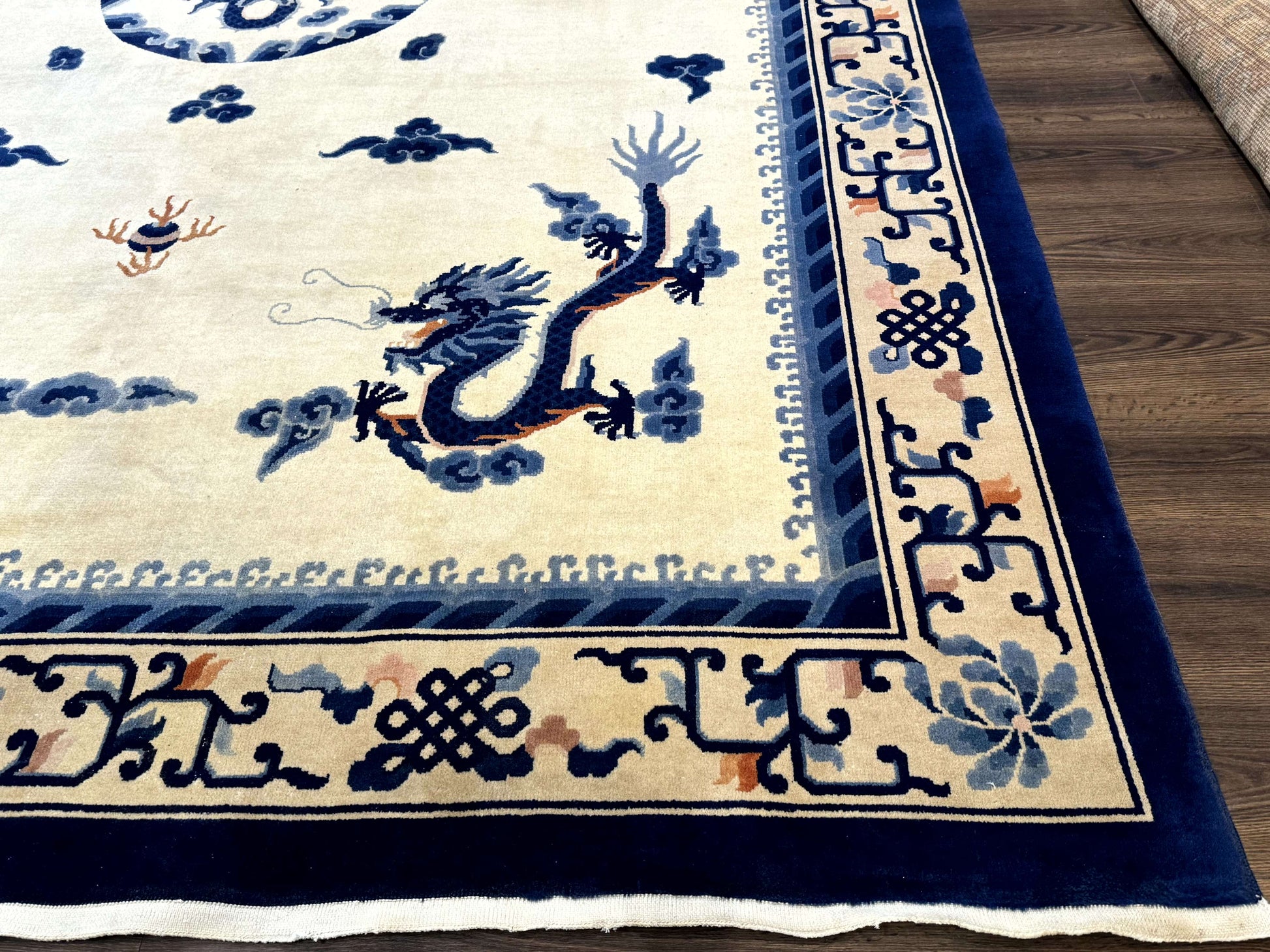 Chinese Dragon Peking Rug 8 x 11.6, Ivory and Blue, Chinese Wool Rug, Vintage - Nuvé