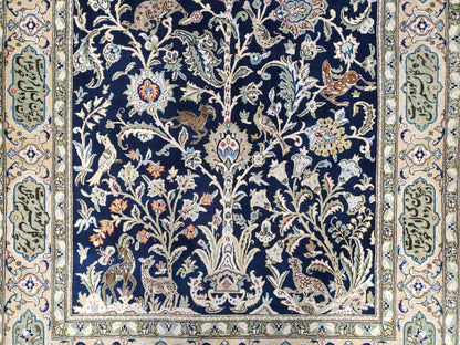 Semi Antique Persian Qum Tree of Life Rug, Hand-Knotted, Wool, Midnight Blue and Tan, Animal Pictorials, Written Poem in Borders, 4' 8" x 7' 8"