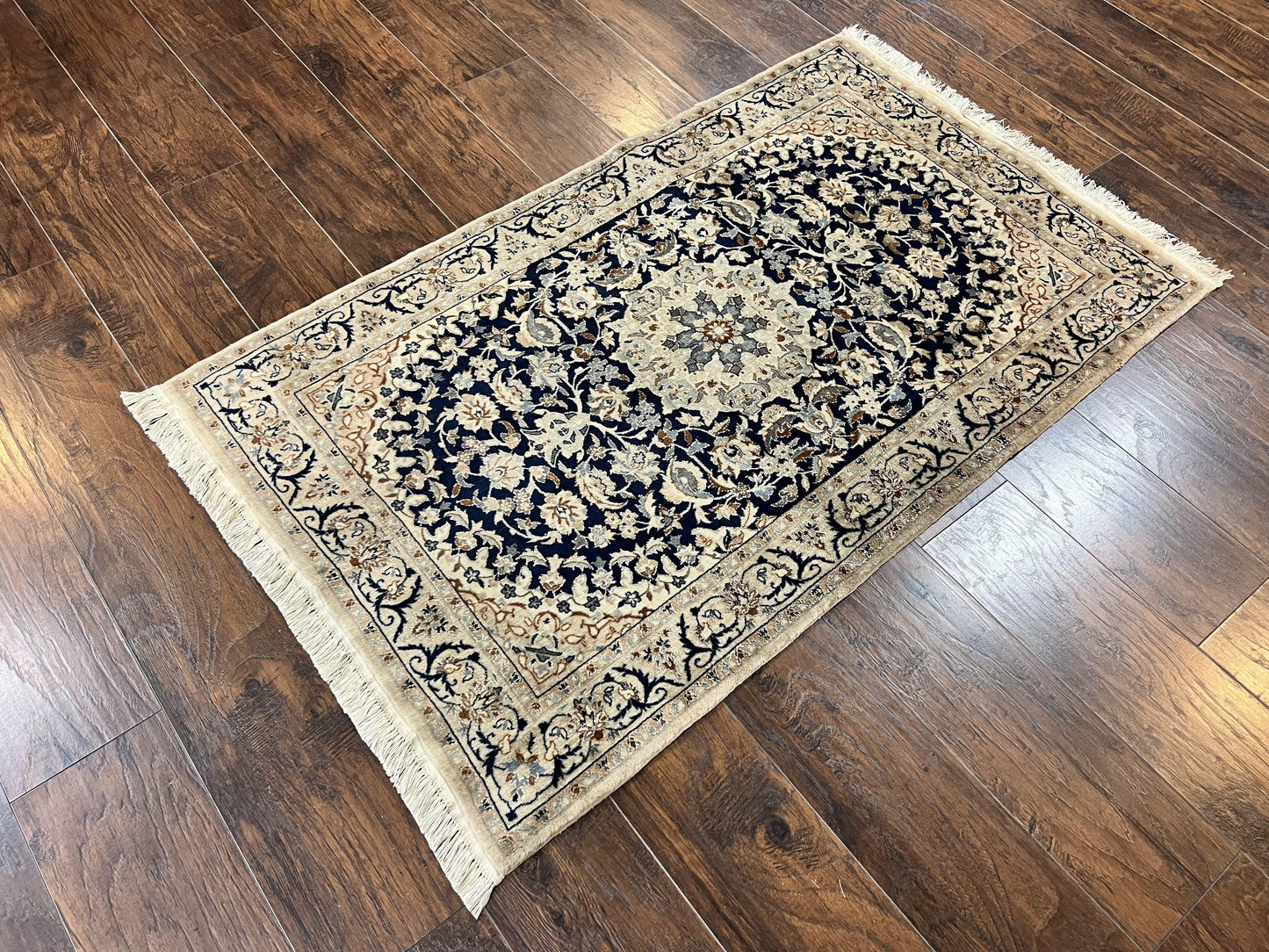 Persian Nain Rug 3x5, Floral Medallion Oriental Carpet, Very Fine Hand Knotted Handmade Wool and Silk Highlights Rug, Vintage Semi Antique - Nuvé