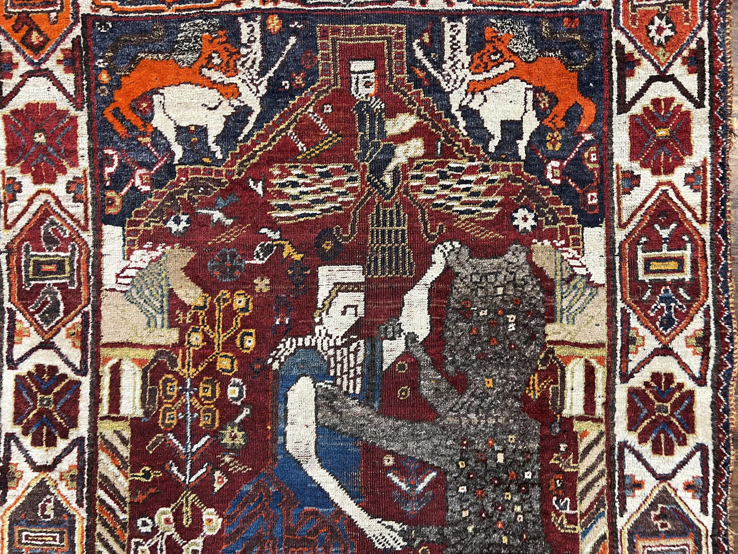 Antique Persian Shiraz Pictorial Rug 3.6 x 5, Persian Tribal Rug, Handmade, Lions, Highly Unique Collectible Small Persian Carpet, Maroon, Wool - Nuvé