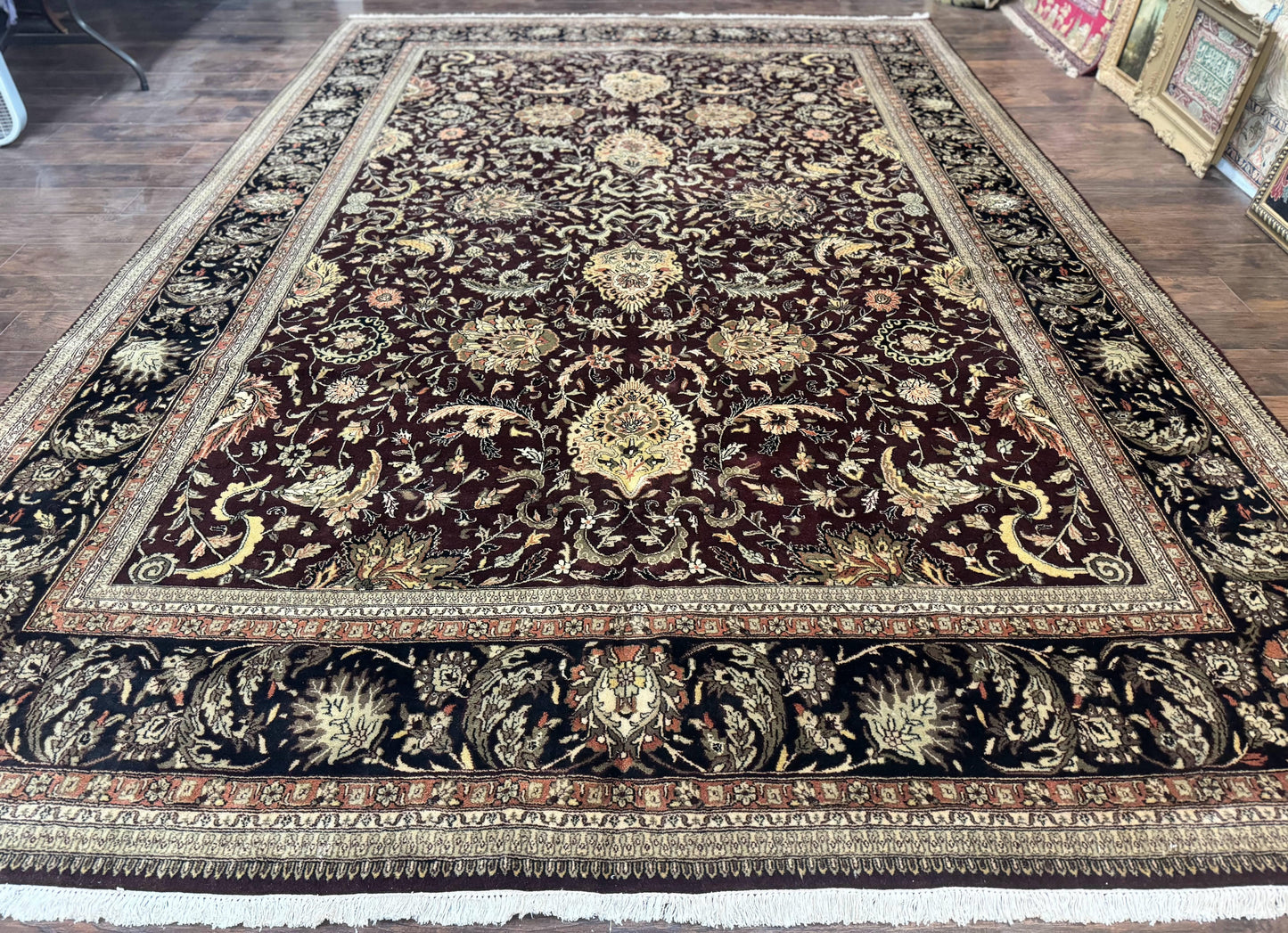 Indo Persian Rug 10x14, Floral Allover, Handmade Vintage Wool Rug, Dark Maroon/Plum and Black - Nuvé