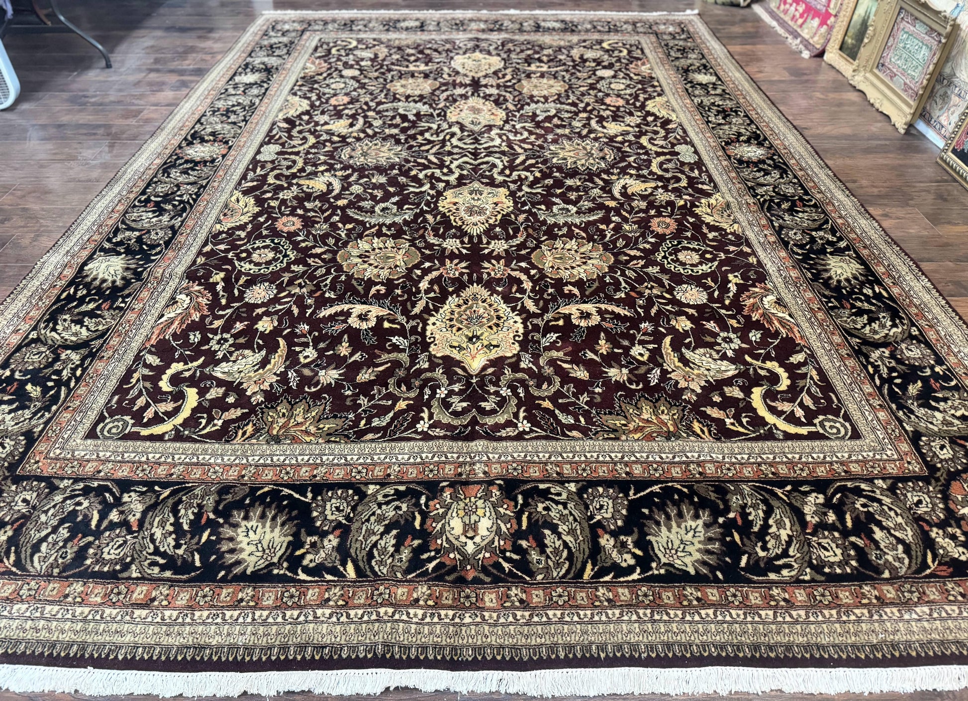 Indo Persian Rug 10x14, Floral Allover, Handmade Vintage Wool Rug, Dark Maroon/Plum and Black - Nuvé
