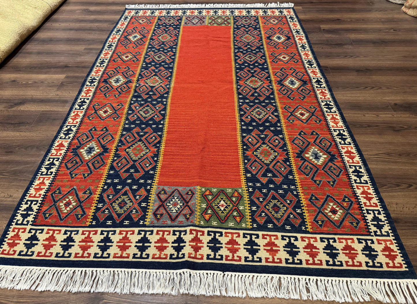 Turkish Kilim Rug 5x8, Flatweave Carpet, Handmade Bohemian Rug, Terracotta and Navy Blue - Nuvé