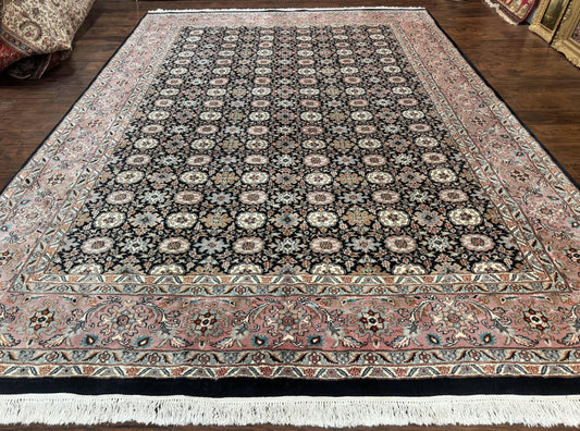 Indo Persian Rug 9x12, Vintage Handmade Wool Carpet, Repeated Allover Motif, Navy Blue and Pink - Nuvé