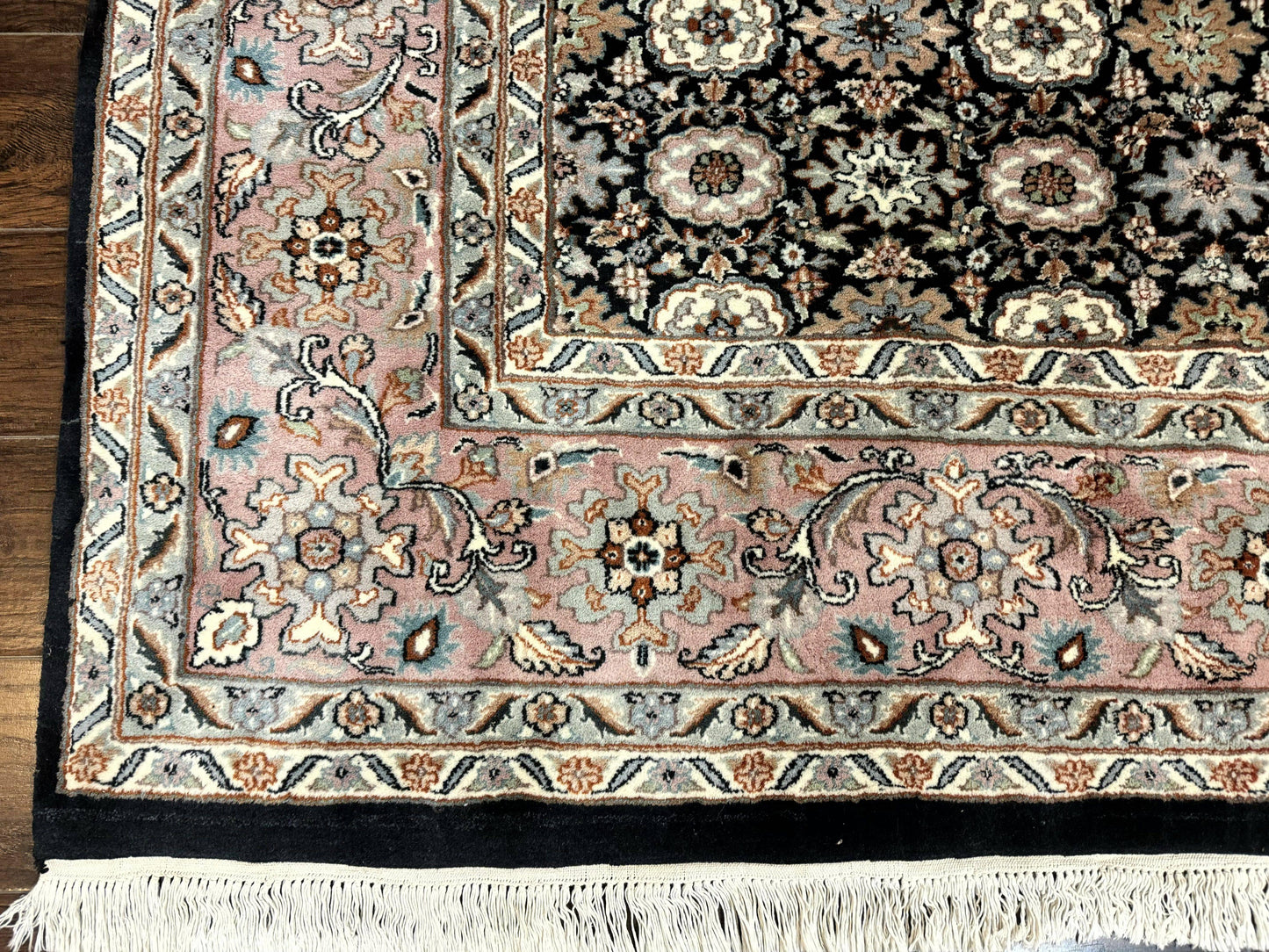 Indo Persian Rug 9x12, Vintage Handmade Wool Carpet, Repeated Allover Motif, Navy Blue and Pink - Nuvé