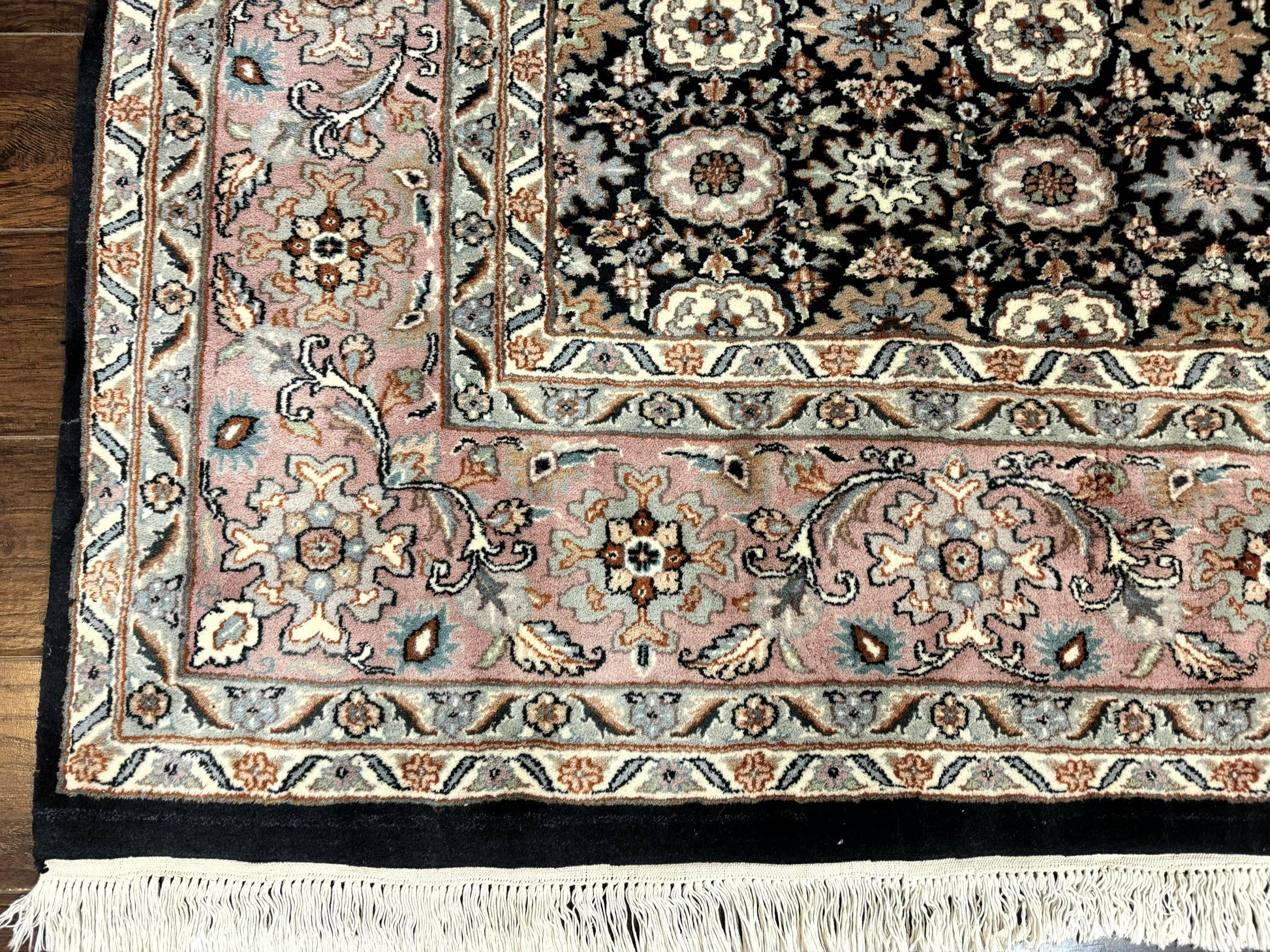 Indo Persian Rug 9x12, Vintage Handmade Wool Carpet, Repeated Allover Motif, Navy Blue and Pink - Nuvé