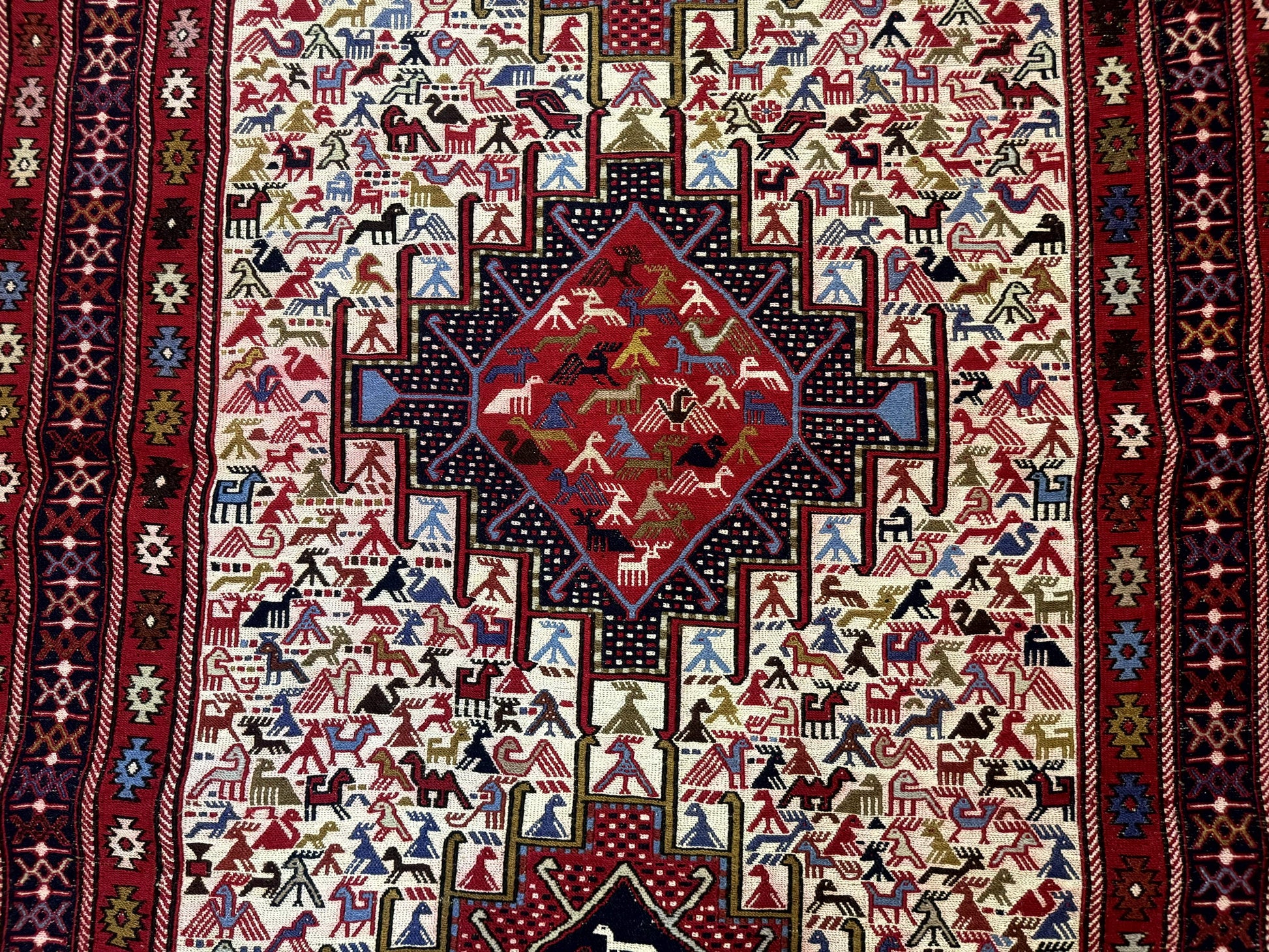 Persian Soumak Kilim Rug 4x6, Triple Medallions Tribal Pictorials, Caucasian Azerbaijani Kilim - Nuvé