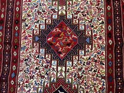 Persian Soumak Kilim Rug 4x6, Triple Medallions Tribal Pictorials, Caucasian Azerbaijani Kilim - Nuvé