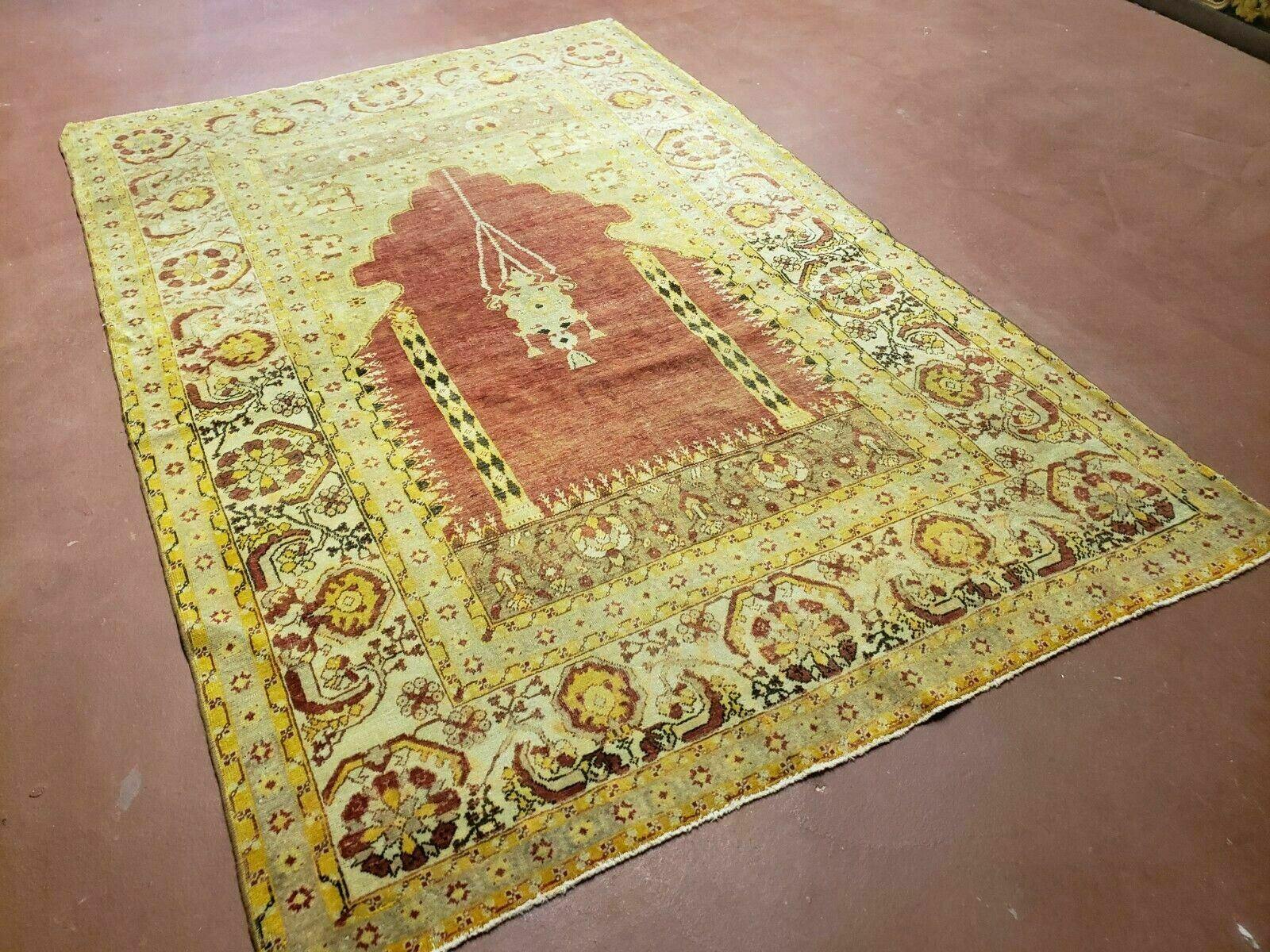 4' 5" X 7' Antique HandmadeTurkish Prayer Melas Oushak Wool Rug Mehrab Nice - Nuvé