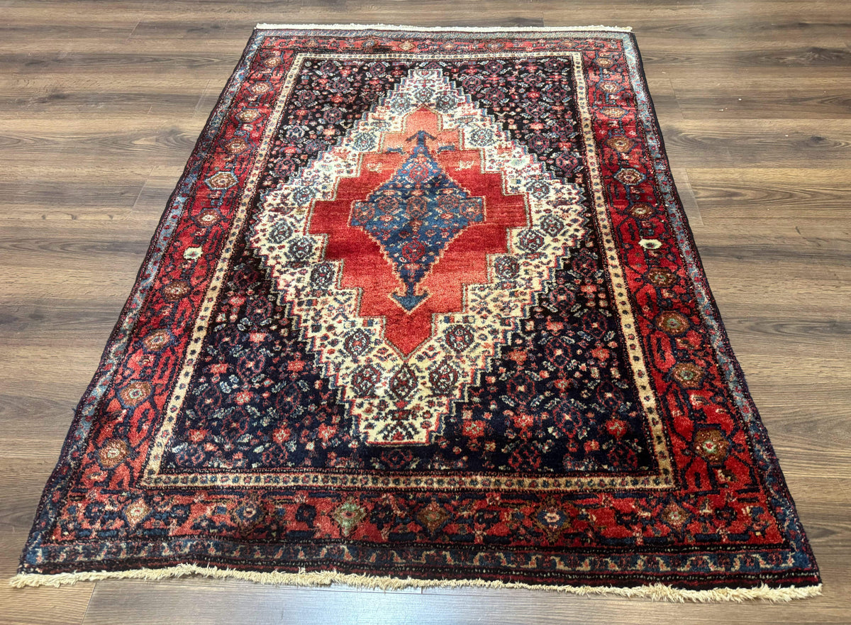 Antique Persian Kurdish Senneh Rug 4x5 Tribal Carpet Wool Geometric Medallion