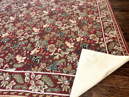 Indian Hand Stitched Rug 8x10, Large Vintage Floral Handmade Carpet, Dark Red Multicolor