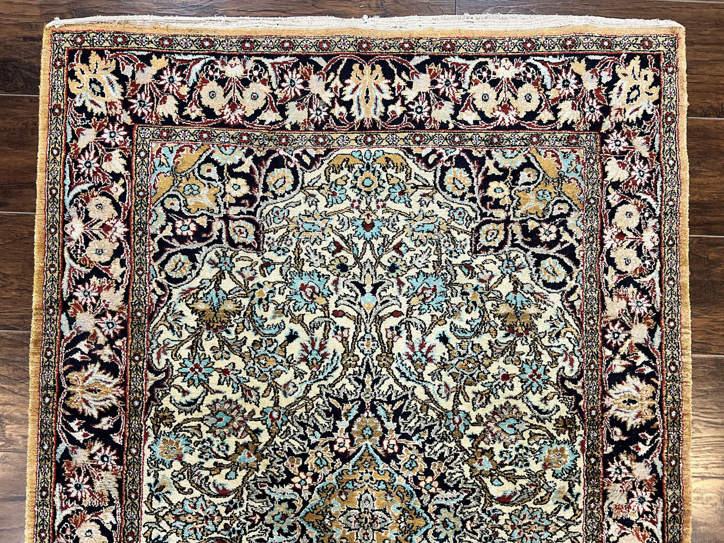 Silk Persian Qum Rug 4x5, Hand Knotted Vintage Carpet, Cream & Navy Blue, Silk Pile on Silk Foundation, Very Fine 360 KPSI - Nuvé