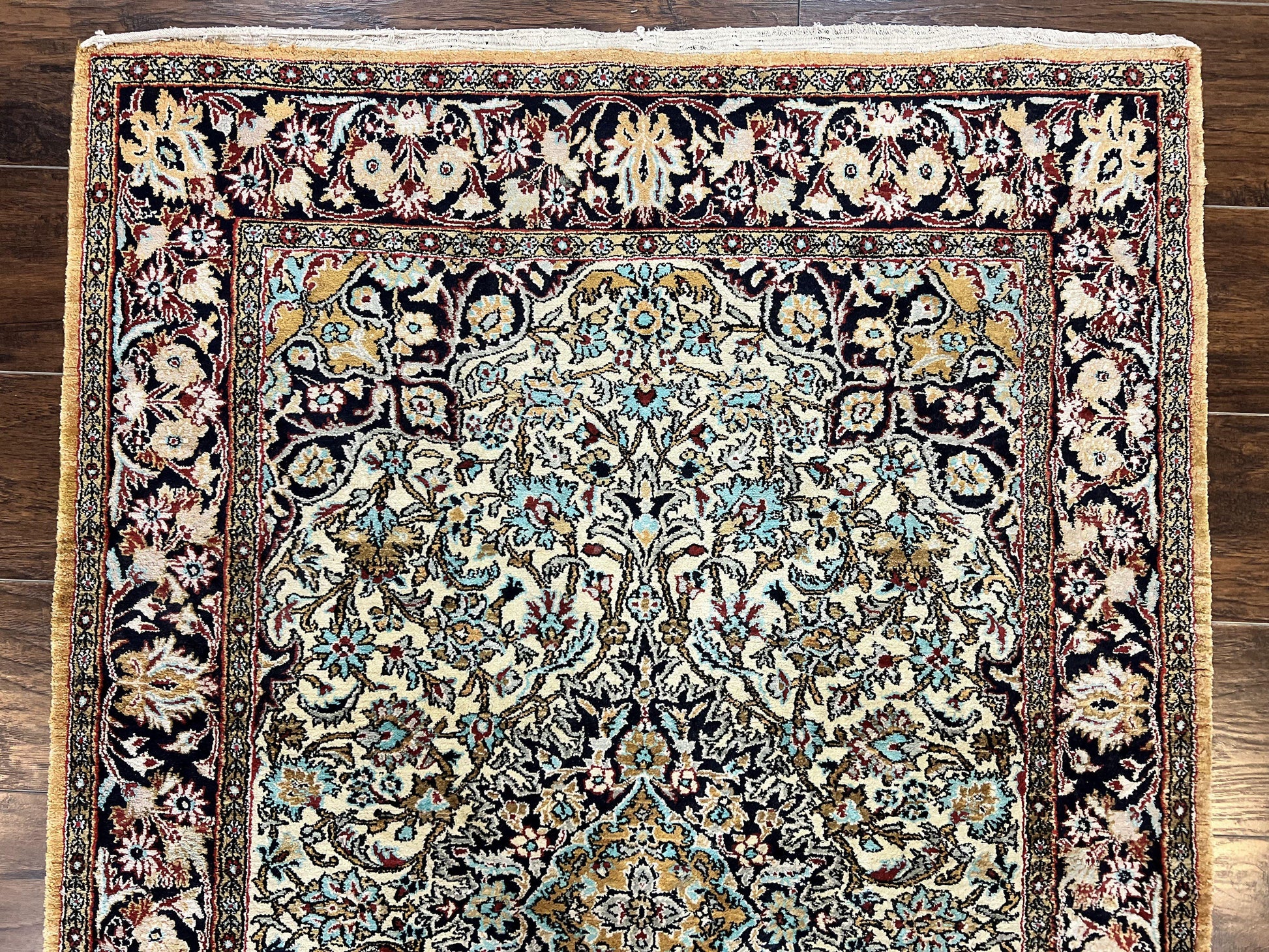Silk Persian Qum Rug 4x5, Hand Knotted Vintage Carpet, Cream & Navy Blue, Silk Pile on Silk Foundation, Very Fine 360 KPSI - Nuvé